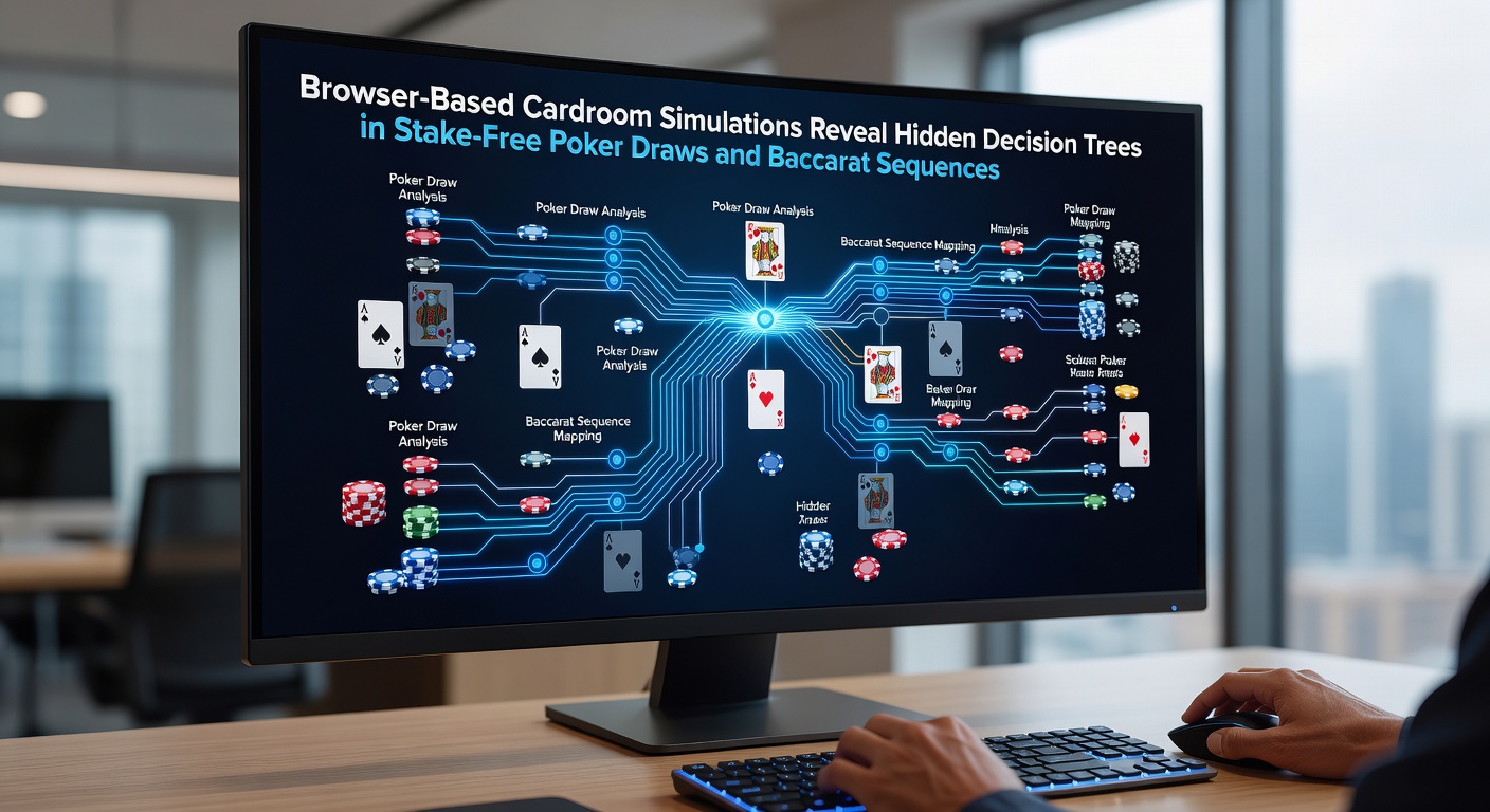Darstellung einer browserbasierten Kartenzimmer-Simulation mit Poker-Karten und Entscheidungspfaden
