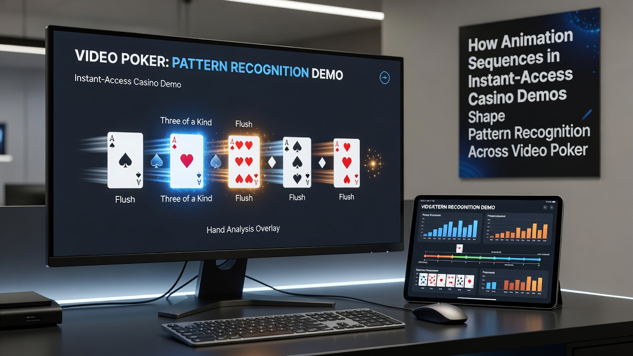 Detailed view of animation frames highlighting pattern sequences in video poker draws and roulette wheel spins