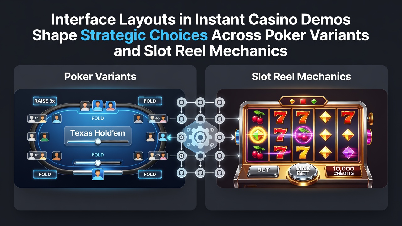 Visualisierung eines typischen Interface-Layouts in einem Instant-Casino-Demo mit Fokus auf Slot-Walzen und Poker-Handanzeigen
