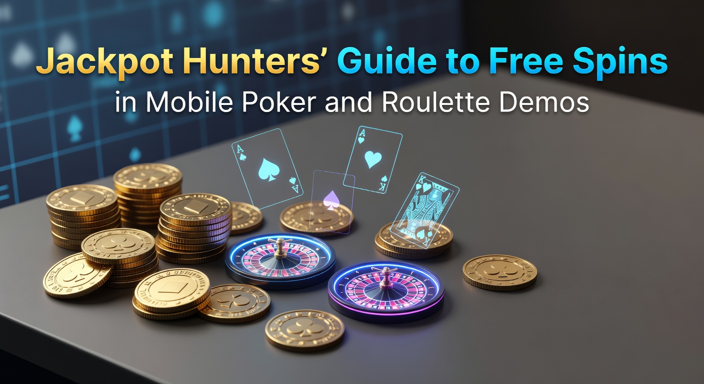 Smartphone mit laufender Mobile-Poker-Demo, die Free-Spins-Boni in einem Roulette-Hintergrund zeigt, umgeben von Jackpot-Symbolen