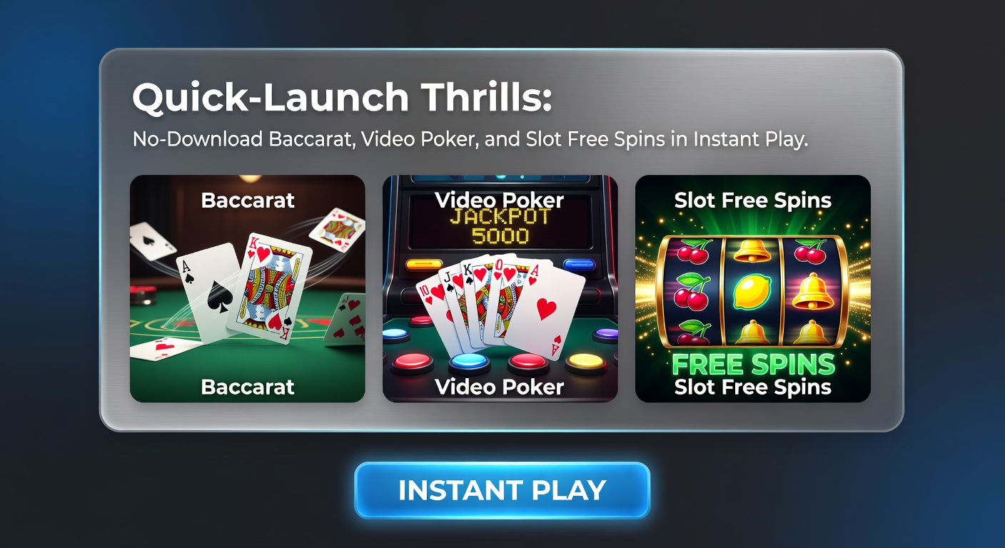 Ein dynamisches Bild von Instant-Play-Spielelementen mit Baccarat-Karten, Video-Poker-Bildschirmen und rotierenden Slot-Freispins, die den schnellen Einstieg ohne Download symbolisieren