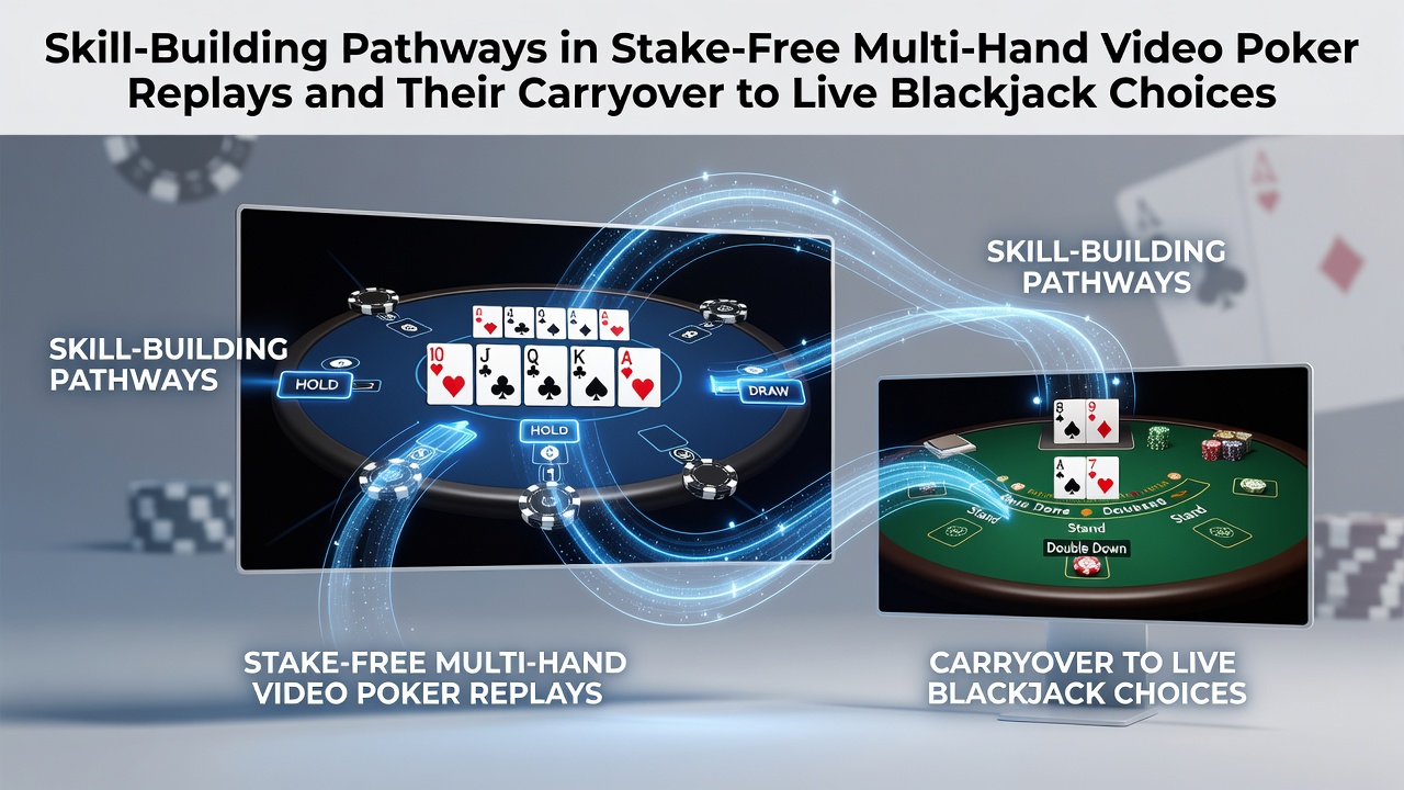 Darstellung von Multi-Hand-Video-Poker-Simulationen auf einem digitalen Interface mit Kartenlayouts und Entscheidungsoptionen