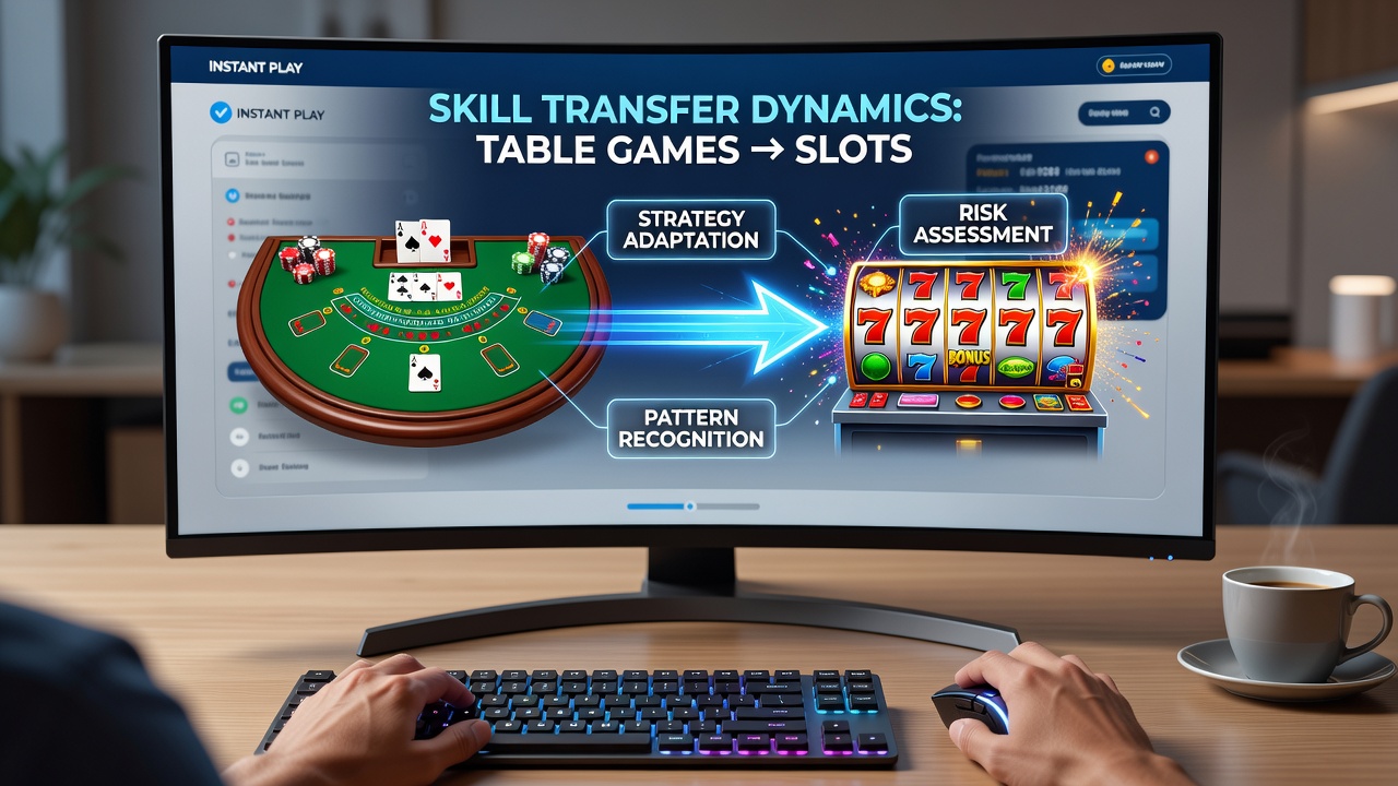 Vergleichende Ansicht von Tischspiel- und Slot-Interfaces in einer instant-play Casino-Umgebung